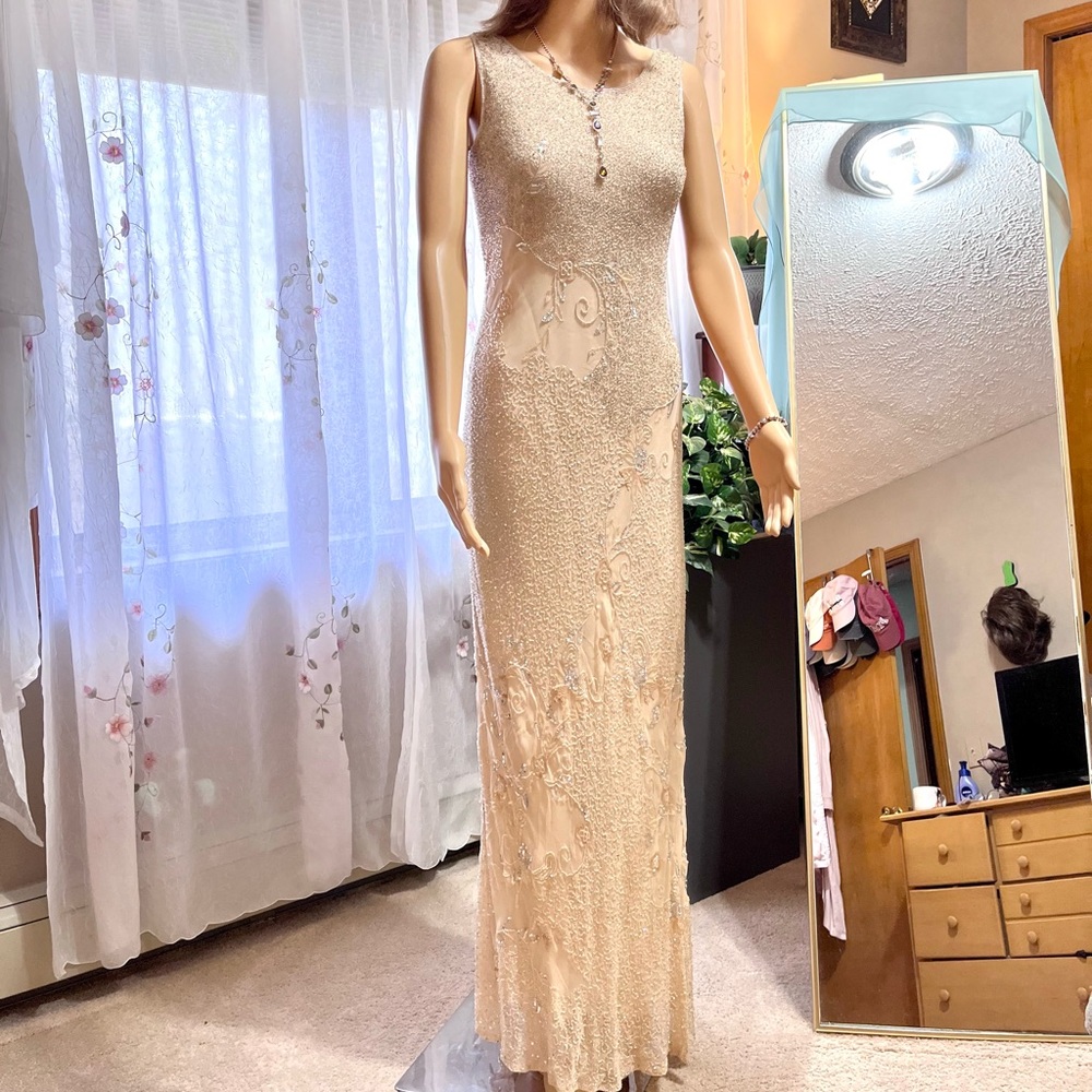 Modest Fully Beaded Champaign and Silver Formal Gown